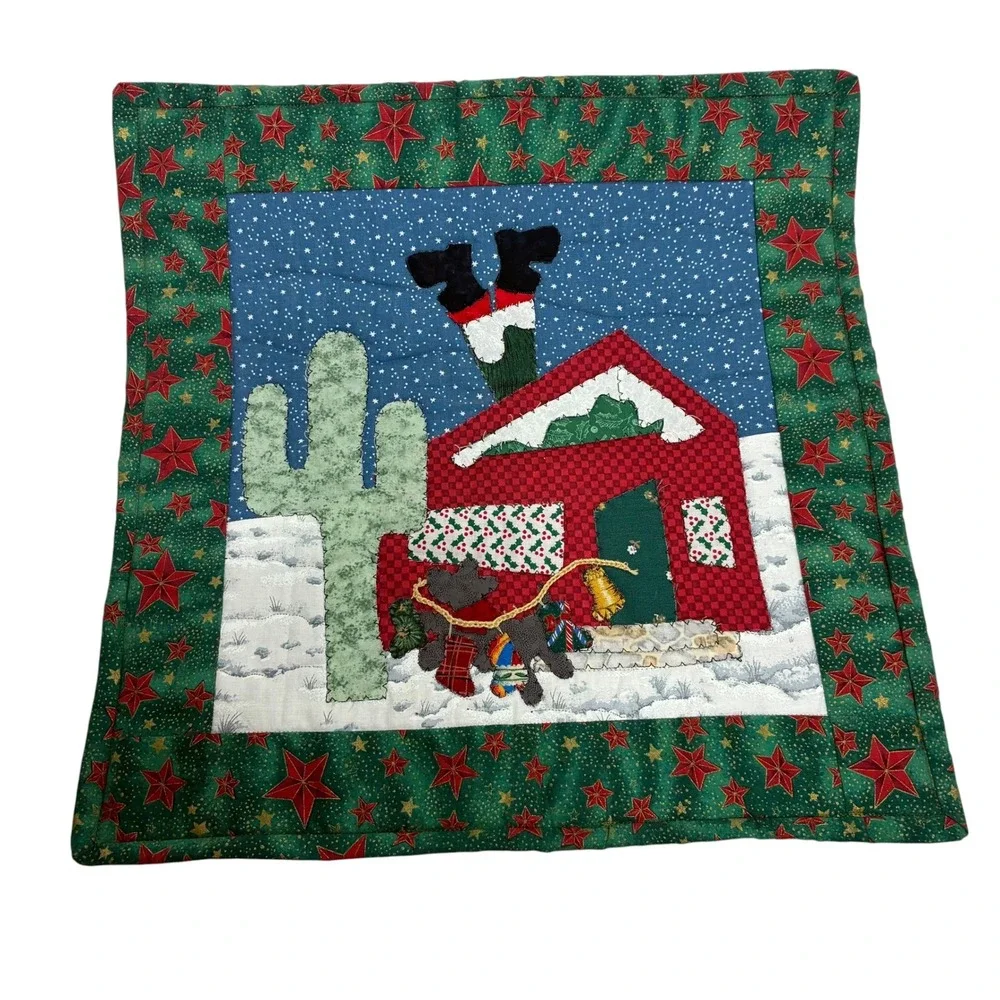 Christmas Quilted Wall Hanging Green Santa Cactus Southwest Holiday 16.75